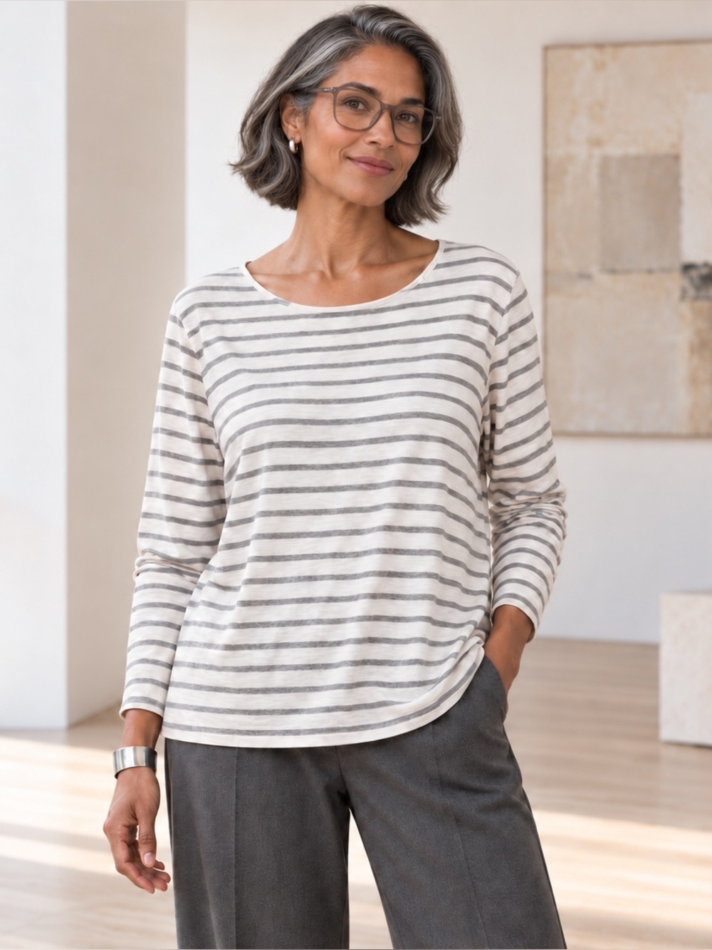 Eileen Fisher Organic Cotton Striped Scoop Neck Long Sleeve Top White Gray XL